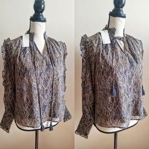 NWT BTFL -life Ruffle Sleeve Blouse || Extra Small || Gold Yellow Blue Pattern
